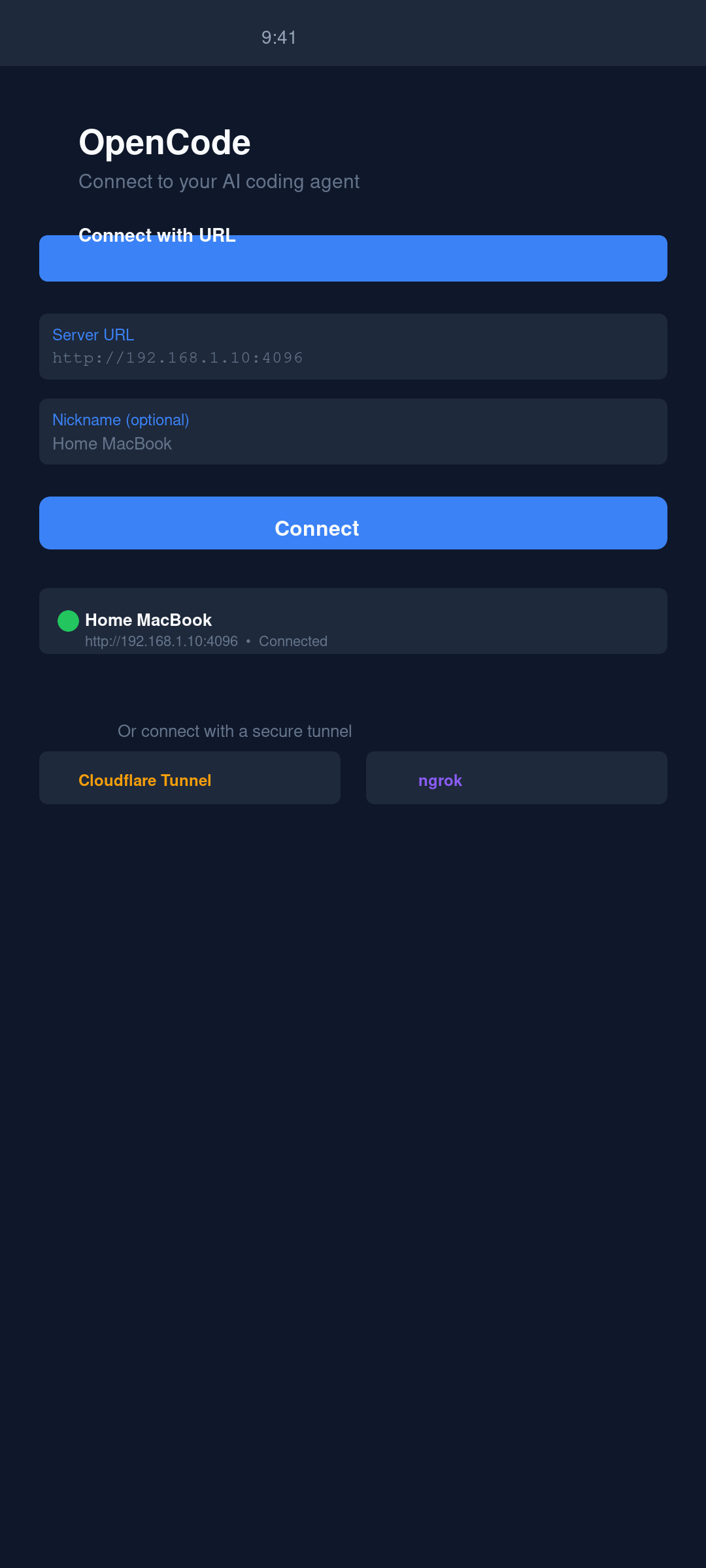 OpenCode Mobile connection screen: add a server URL or connect via Cloudflare Tunnel or ngrok