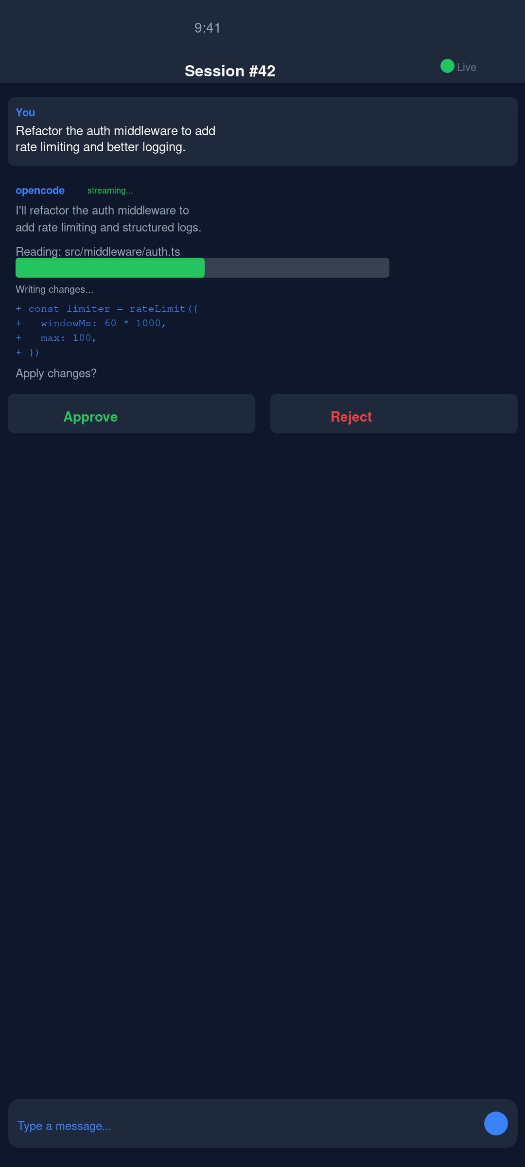 OpenCode Mobile streaming chat with the AI agent and an inline approve/reject tool-call prompt