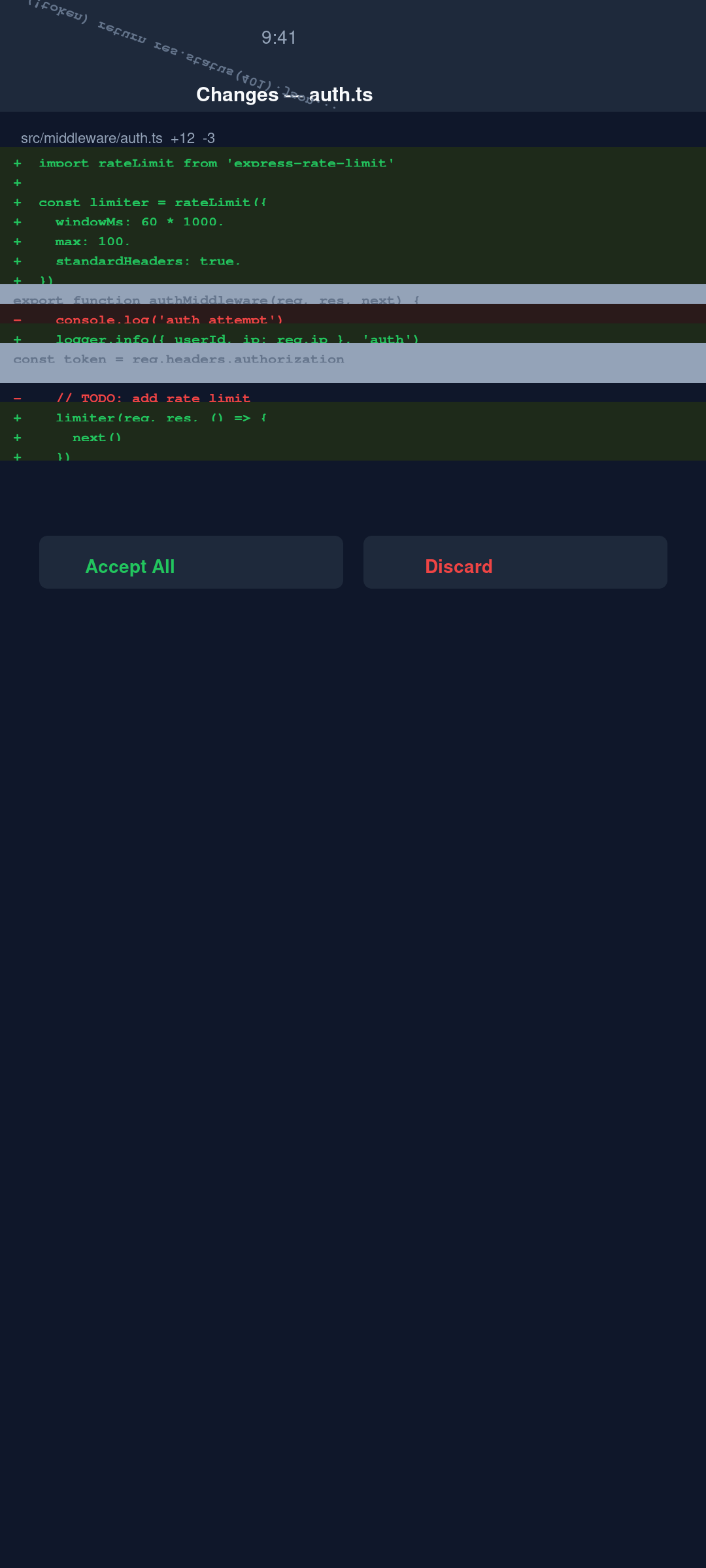 OpenCode Mobile diff viewer showing added and removed lines for a file the agent changed
