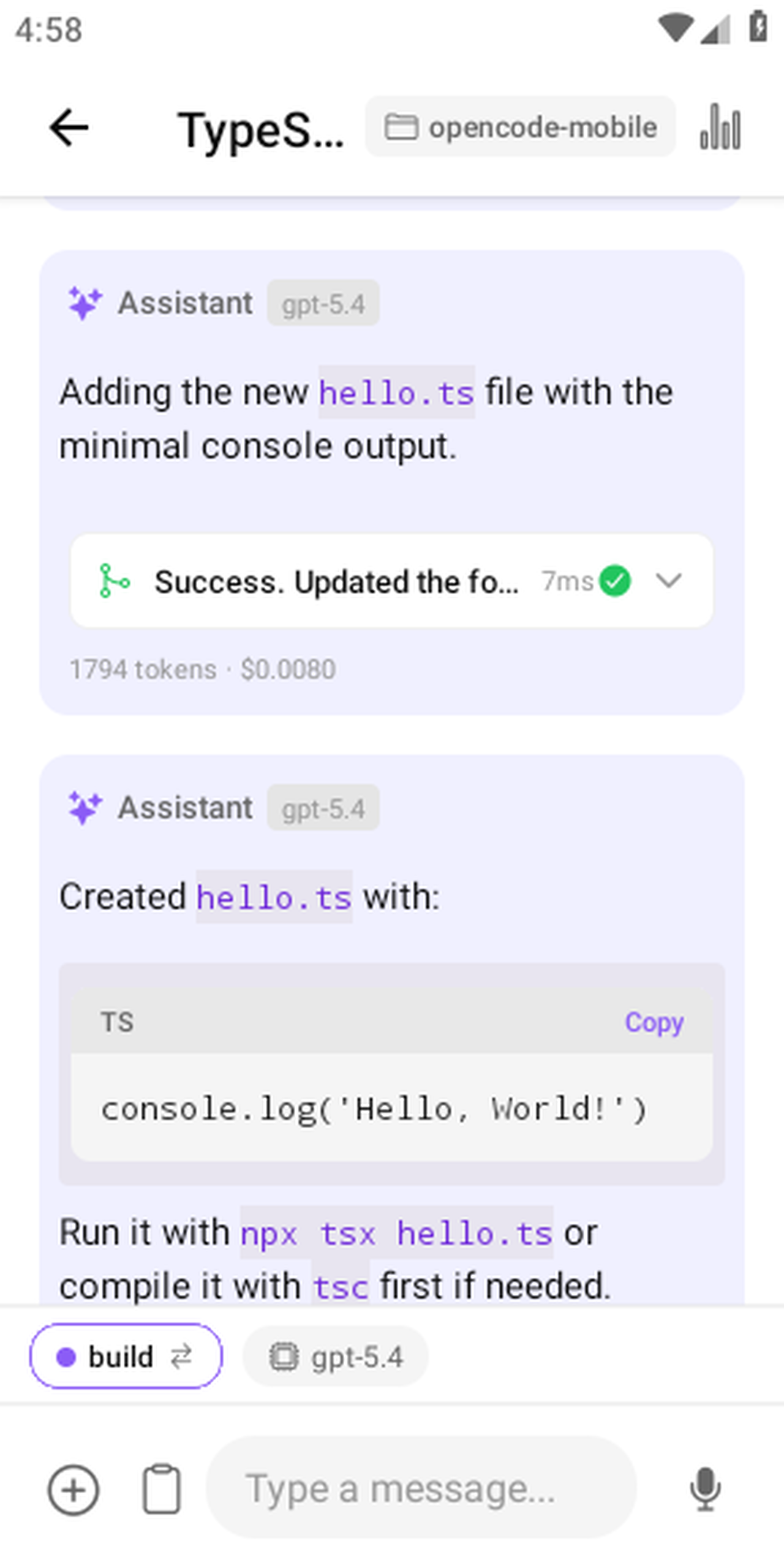 OpenCode Mobile: completed coding task — hello.ts created successfully
