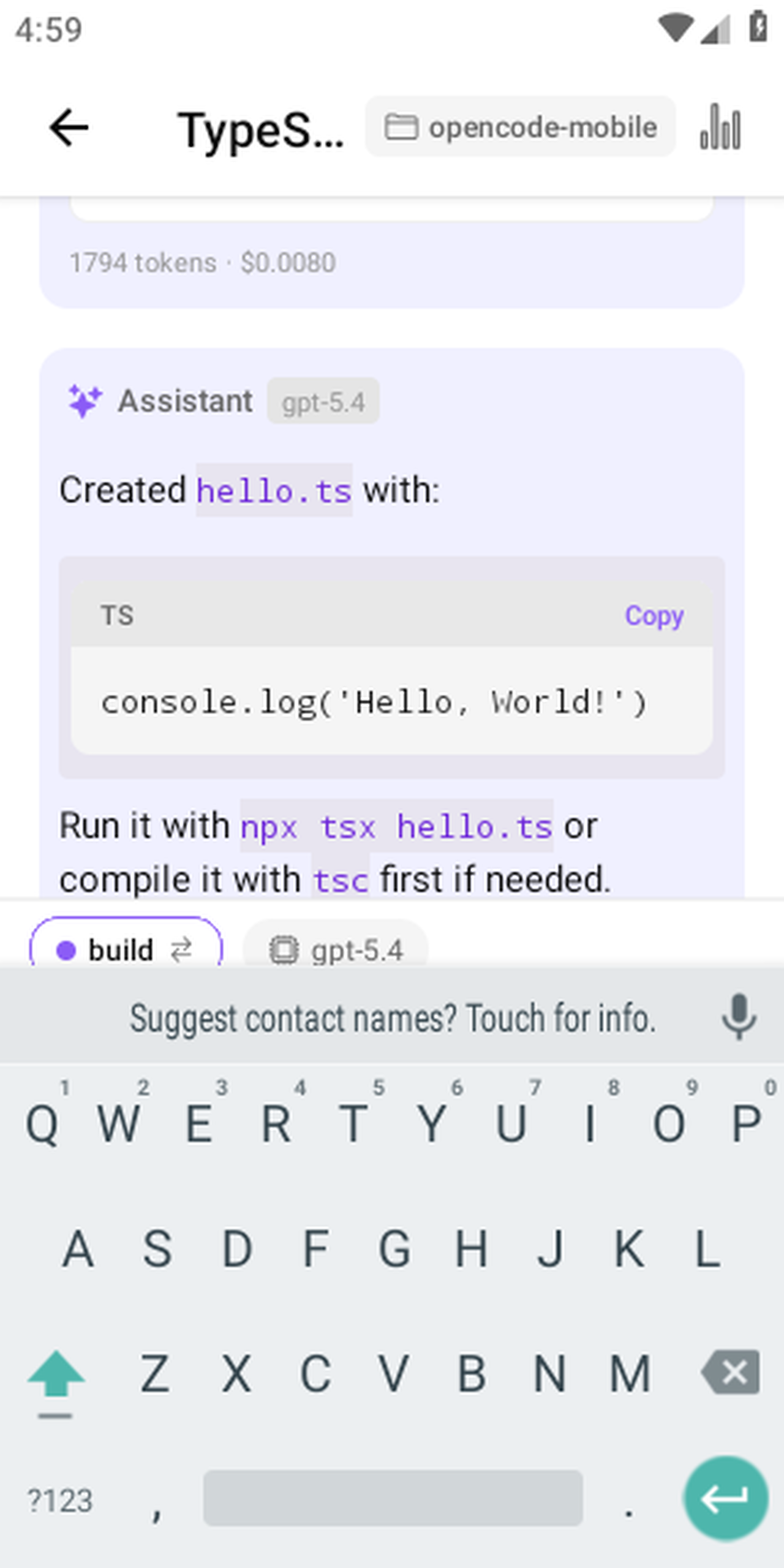 OpenCode Mobile: settings screen with AI model selection
